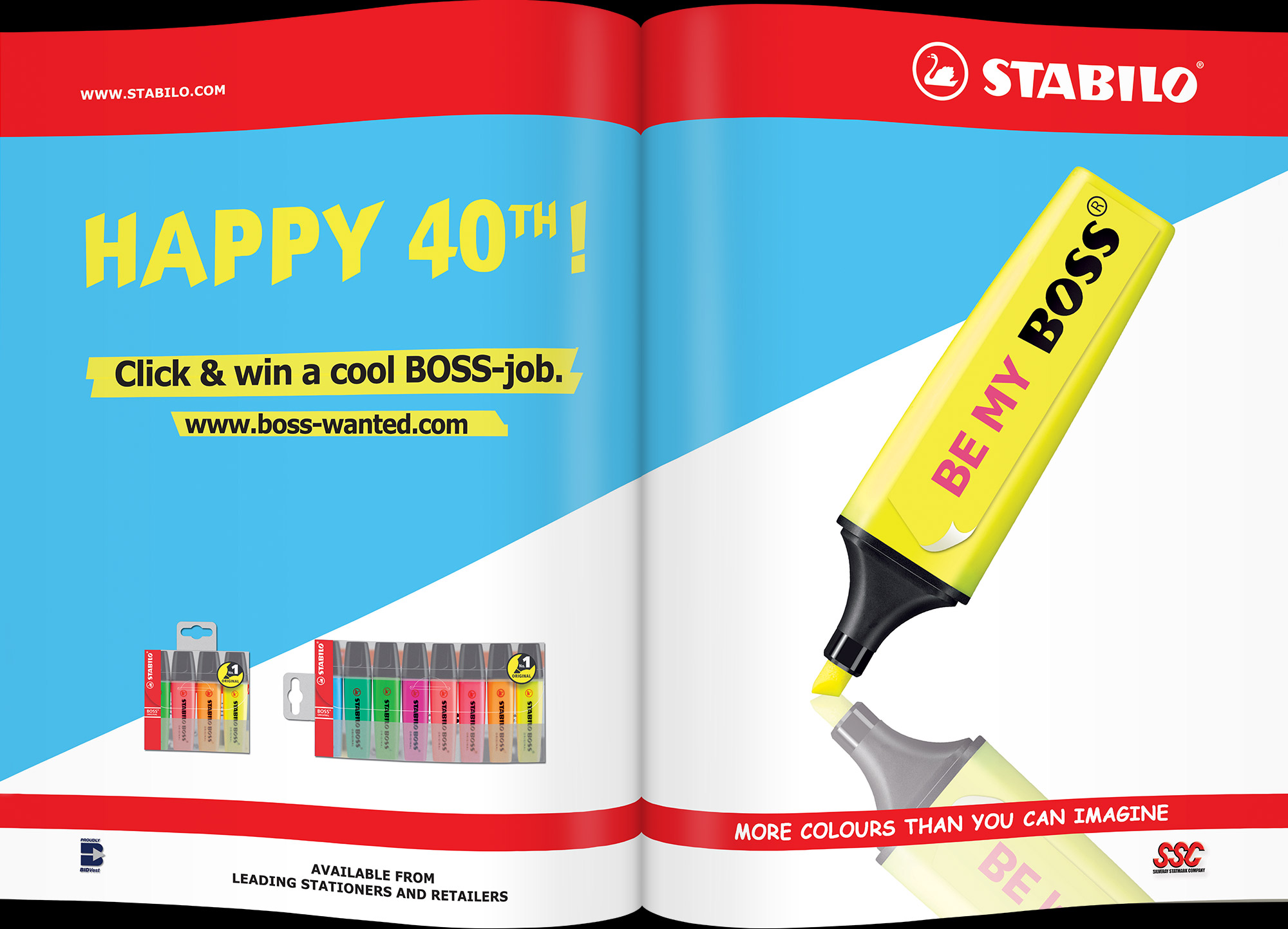 Magazine double page spread with Stabilo highlighters promoting Boss labels and Happy 40th Anniversary.