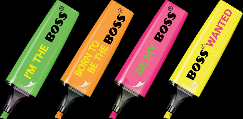 Stabilo Boss Highlighters with custom labels: I'm the Boss, Born to be the Boss, Be my Boss and Boss wanted.